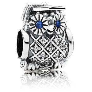 PANDORA Graduate Owl Charm with Blue Crystal Eyes Silver Cubic Zirconia